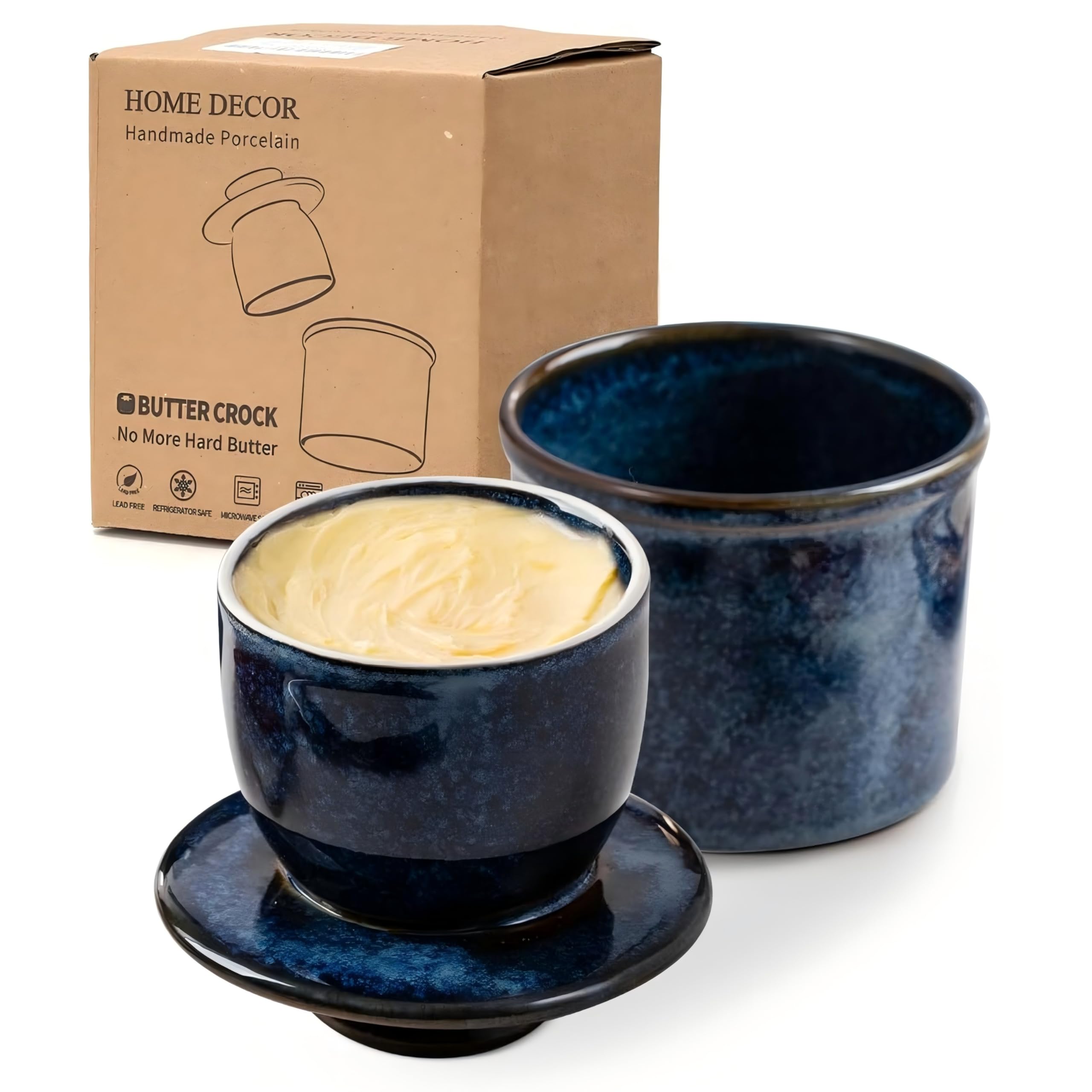 HOME DECOR French Butter Dish with Lid, Reactive Glaze Ceramic Butter Crock for Counter, Butter Keeper with Waterline for Fresh Butter Spreadable- Reactive Bule — image 1