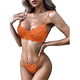 Lilosy Sexy Underwire Push Up Scallop Floral Lace Sheer Lingerie Set for Women Bra and Panty 2 Piece