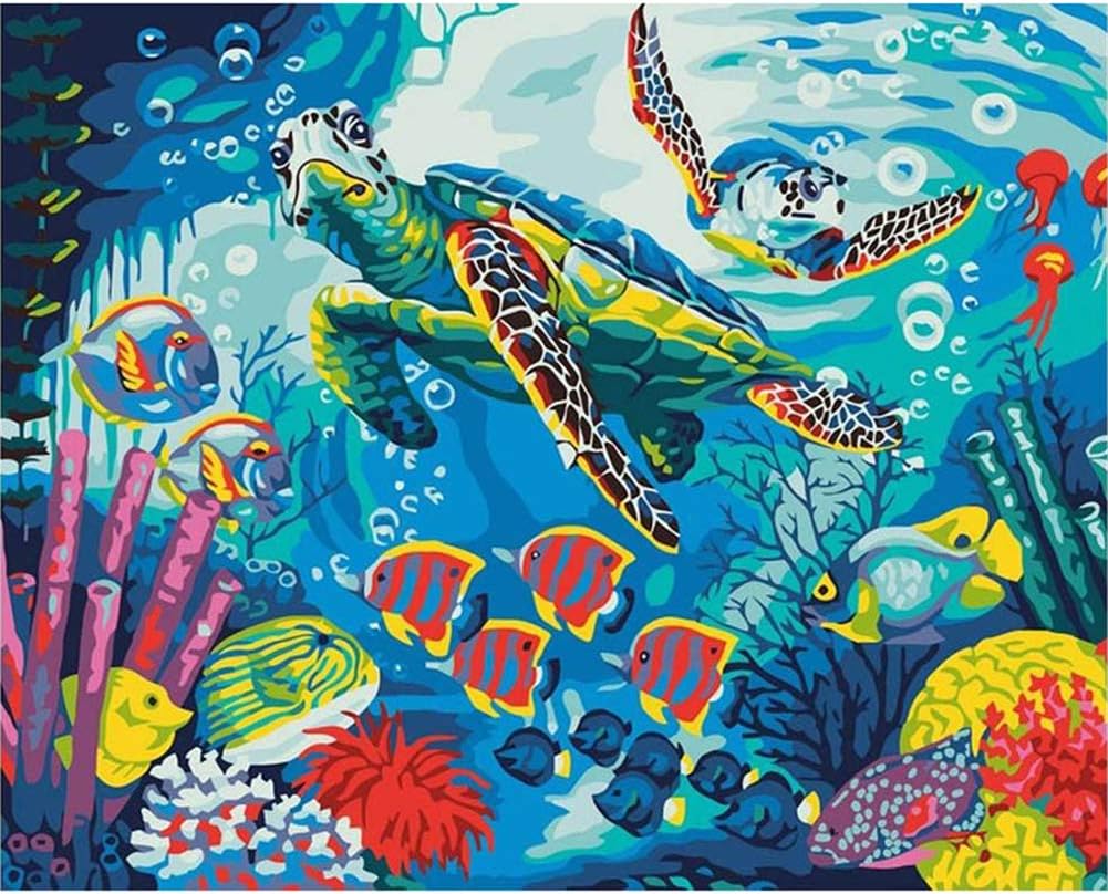LanMent Painting by Number Benthic Animals Sea Turtle Fish, DIY Paint by Number Kits for Adults Beginners Kids Teens Drawing with Brushes Canvas 16x20inch