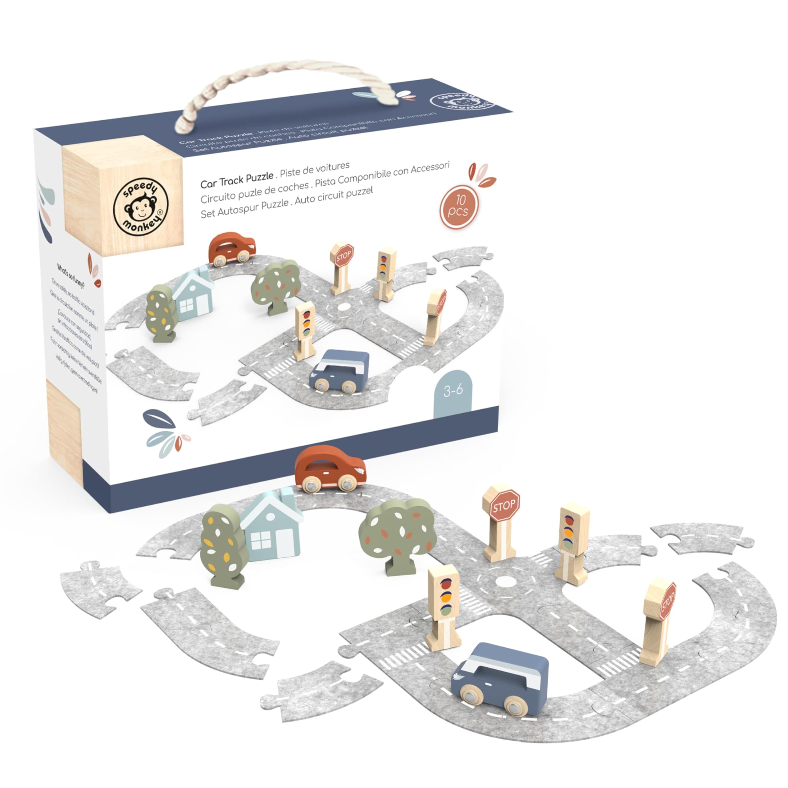 Speedy Monkey Car Track Jigsaw Puzzle - FSC Sustainable Wood, Grey Felt Track & Wooden Figures - Non-Toxic Paint - Perfect Jigsaw Board & Board Games Kids Love - Toys for 4 Year Old Boy or Girl — image 1