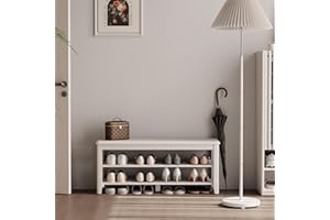 KASLANDI Wooden Shoe Rack Bench - 2-Tier Shoe Organizer and Entryway Bench | Stylish Shoe Bench for Entryway, Bedroom（White 2-Tier,39.4"