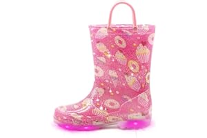 EUXTERPA Toddler Kids Waterproof Light Up Rain Boots Patterns and Glitter Boots with Handles for Boys Girls