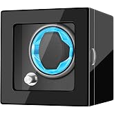 JNTNNIIX Watch Winder for 1/2/8 Automatic Watches, 4 Rotation Modes, Automatic Watch Display Rotation Box Quiet Motor,high-Gloss Black Piano Paint, Blue LED, Memory Foam Pillows and Power Adapter
