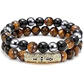 2Pcs Triple Protection Bracelet,Natural Tigers Eye Black Obsidian and Hematite 8 MM Beads Bracelet for Men Women Gift, Healing Crystal Bracelet Bring Luck and Prosperity and Happiness