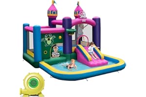 HONEY JOY Inflatable Water Slide, 6-in-1 Unicorn Water Bounce House Water Park w/Splash Pool & Slide, Ball Pit, Outdoor Blow 