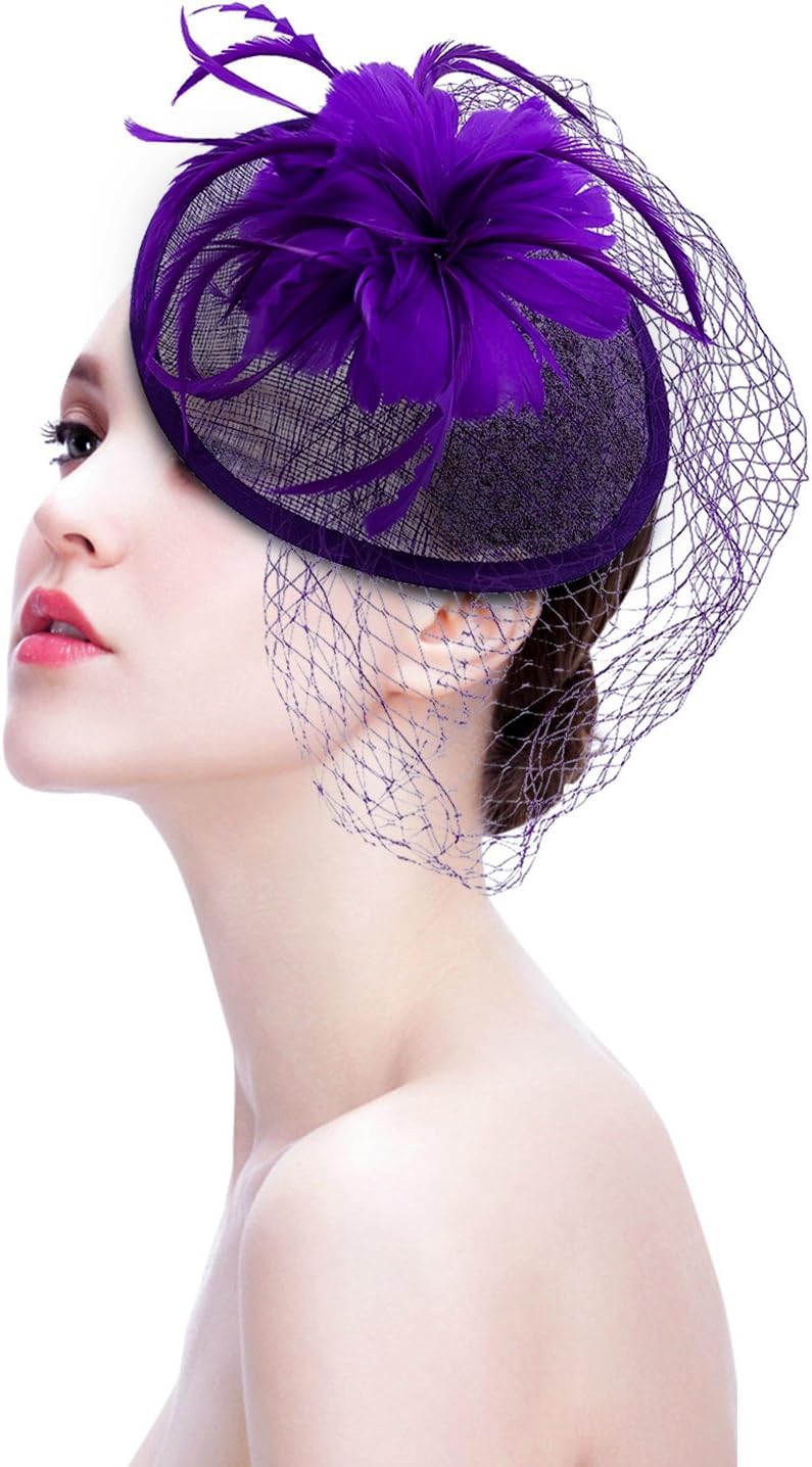 MTES Fascinator Hat Bridal Headpieces and Feather Net Hair Clips for Wedding and Party (Purple)