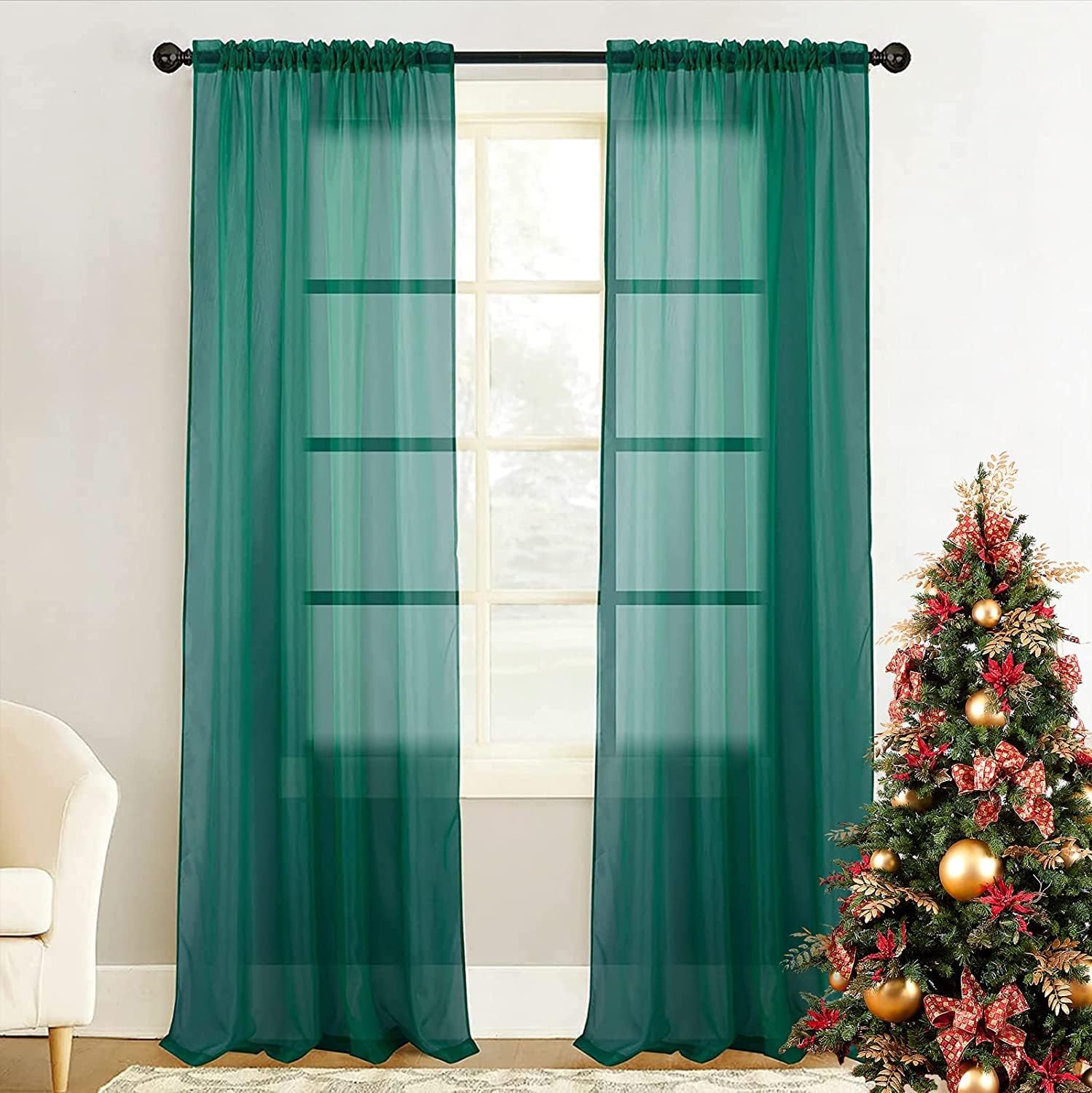 Window Treatments - Hunter Green Sheer Curtains 84 inch Length 2 Panels Set, for Living Room Office 2 Panels Light Filtering Transparent Christmas Dark Green Voile Sheer Window Drapes(52x84 Inch, Hunter Green,2 Panels)