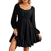 Florboom Women's Multi-Layered Hem Dress Square Neck Lantern Long Sleeve A-Line Smocked Waist Mini Dresses