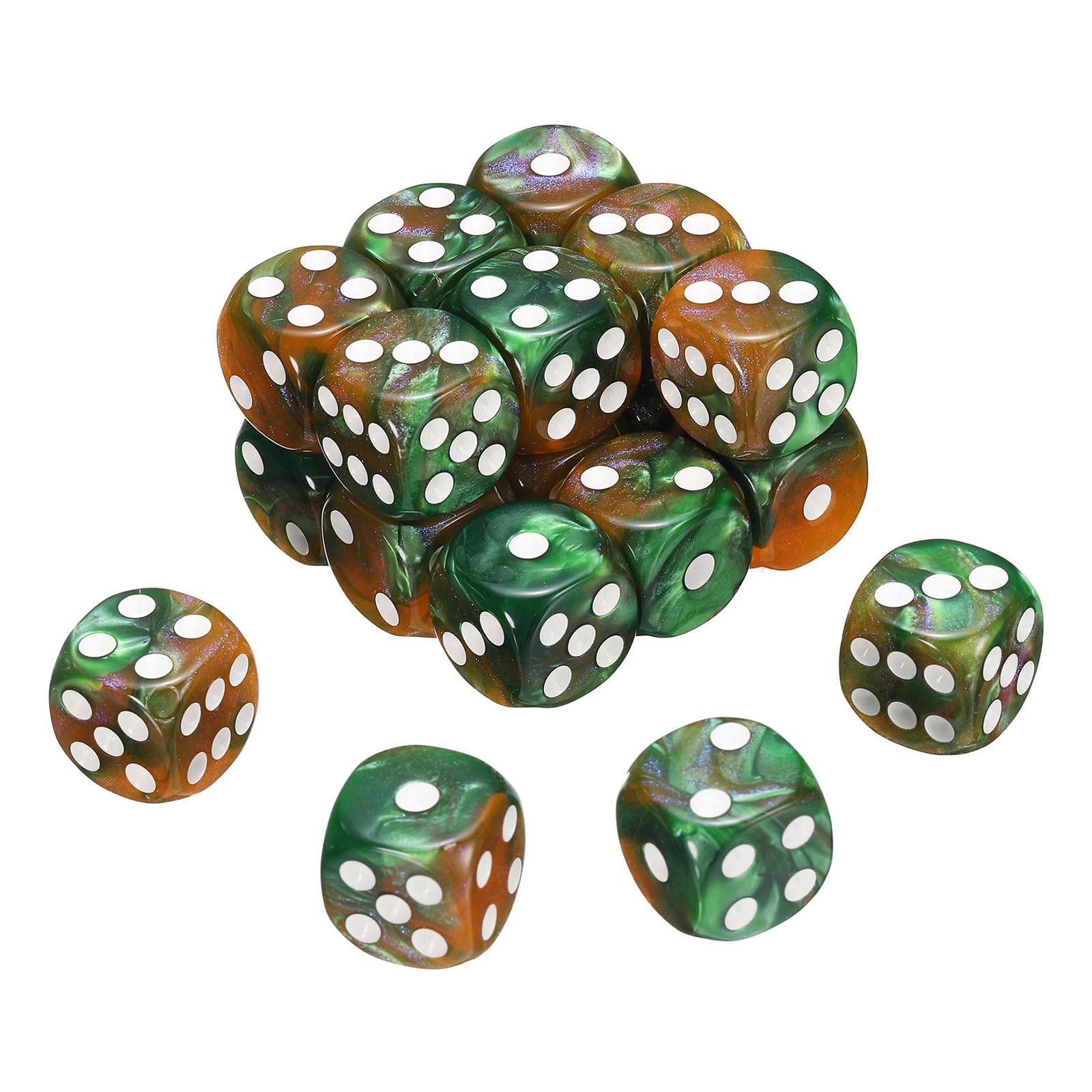 sourcing map 20Pcs 6 Sided Standard Dice, 2 Colors 16mm Acrylic D6 Mini Polyhedral Pearl Pattern Game Dice Set for Table Games, Green and Yellow/White Point