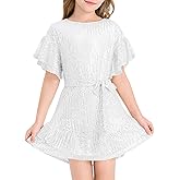 Batermoon Girls' Sequin Dress Crew Neck Bat Sleeve Ruffle Party Wedding Flower Dress with Belt for 5-14 Years