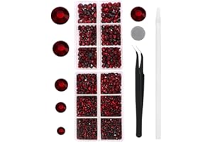 MEIBITE 6796PCS Red Hotfix Rhinestones Crystal Stones Glass for Fabric Clothes Shirts Sparkly Flat Back Round with Tweezers and Picking Pen (SS6~SS30 Set)