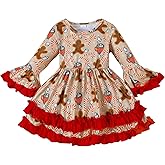 Jeinxcn Little Girl Christmas Dress Ruffle Long Sleeve Santa Print Dress Kids Xmas Outfit
