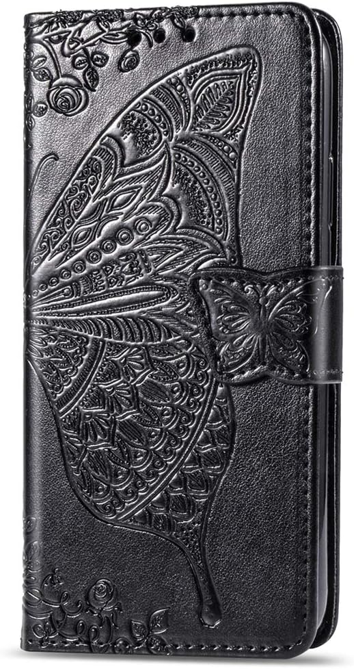 Samsung Galaxy A51 Case, Shockproof Premium PU Leather Flip Wallet Case Notebook Embossed Butterfly with Stand Card Slots Soft TPU Bumper Protective Cover Case for Samsung Galaxy A51 black