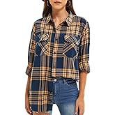 HOLCADA Women's Flannel Shirt Loose Plaid Button Long Sleeve Casual Jacket