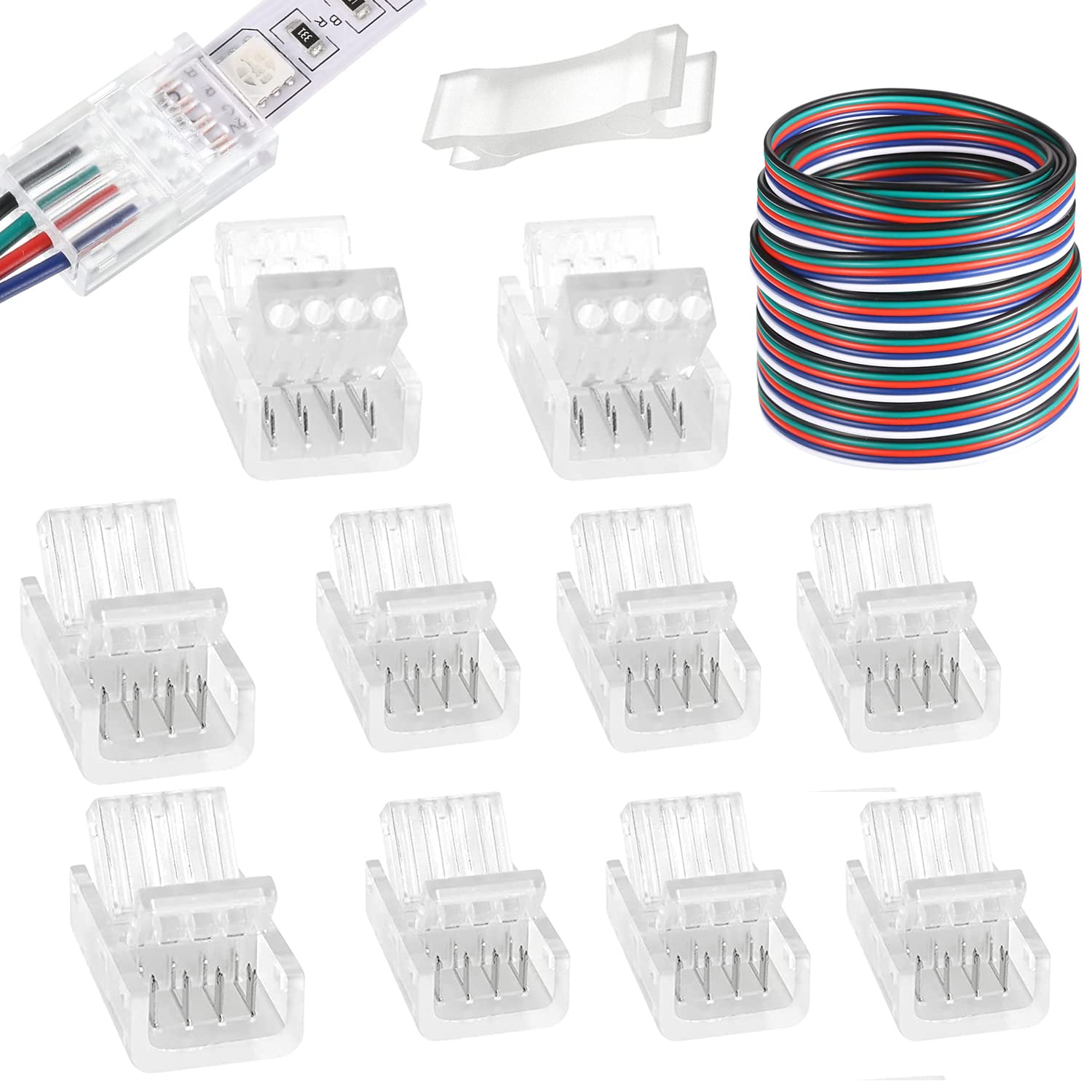 4 Pin LED Connectors 10mm Wide Unwired Gapless Solderless Strip to Wire Quick Connectors Adapter With 5m Extension Cord for Waterproof or Non-Waterproof 5050 Multicolor RGB LED Strip Lights-10Packs