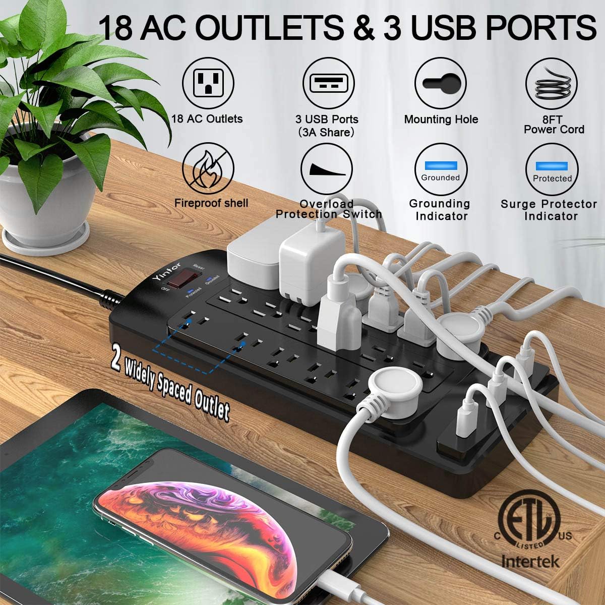 Yintar Power Strip with 8 Ft, Surge Protector with 18 AC Outlets and 3 USB Ports, 8 Feet Extension Cord (1875W/15A) for for Home, Office, Dorm Essentials, 2100 Joules, ETL Listed, Black: Electronics