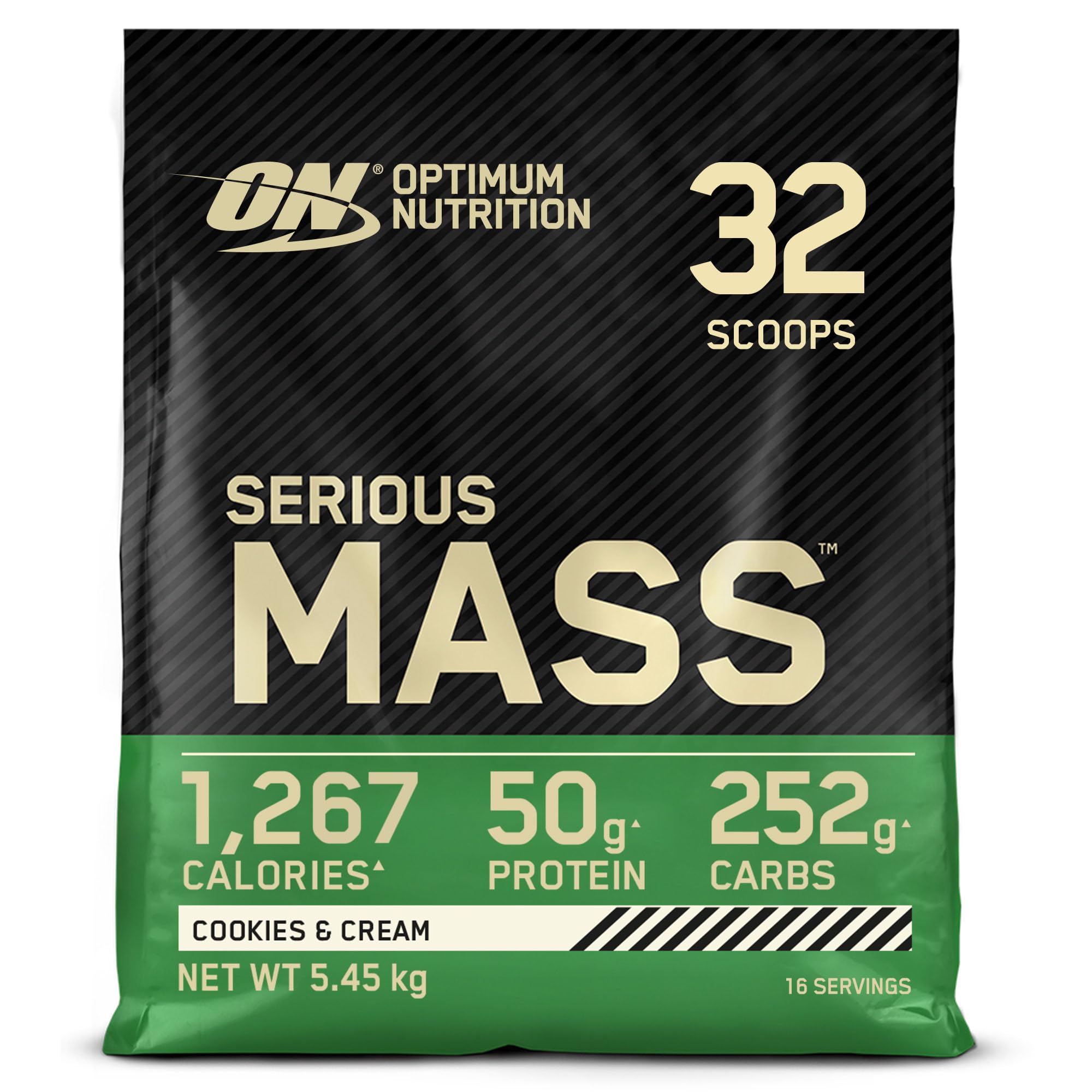 Optimum Nutrition Serious Mass Protein Powder High Calorie Mass Gainer with Vitamins, Creatine and Glutamine, Cookies and Cream, 16 Servings, 5.45 kg, Packaging May Vary