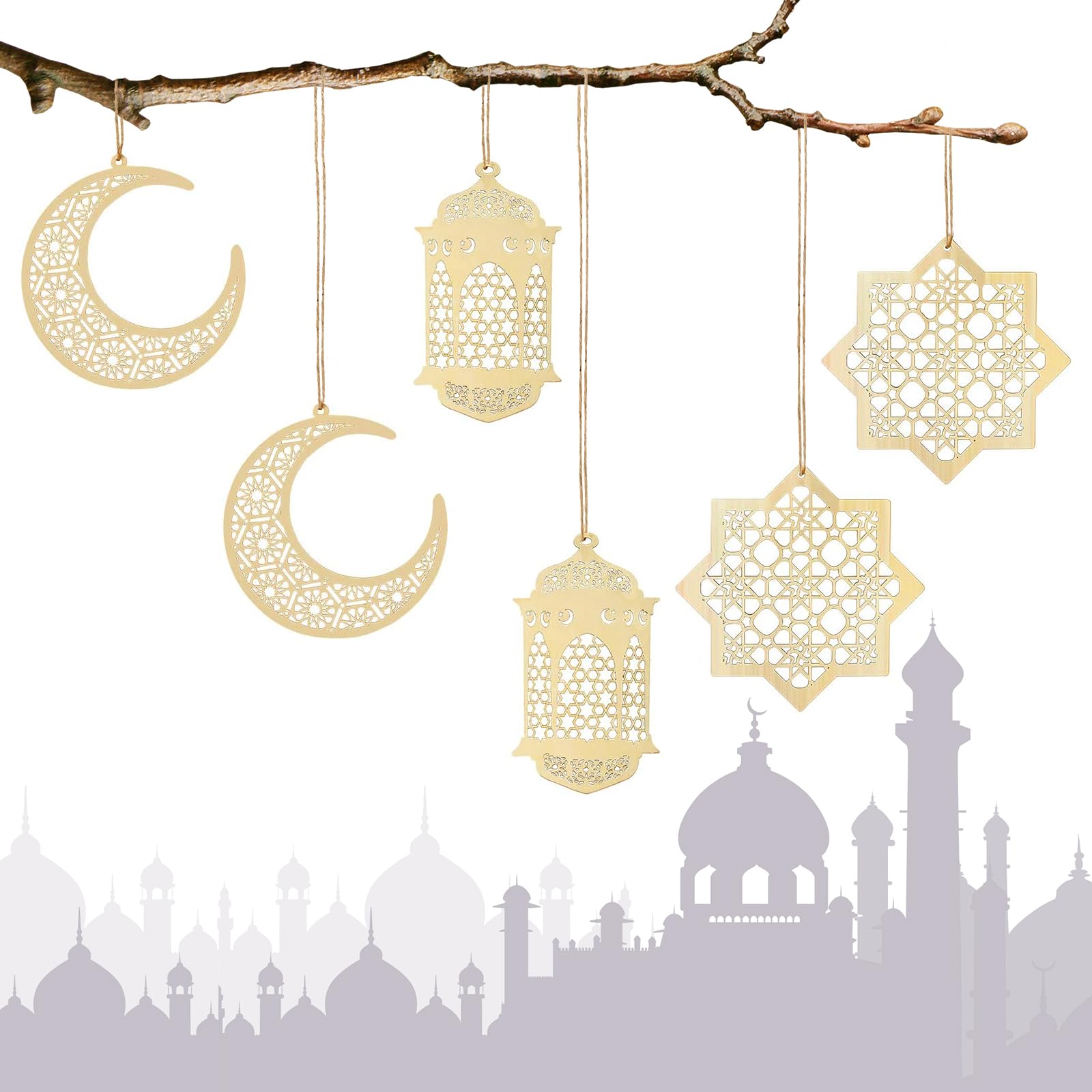 6 Pieces Wooden Hollow Pendant Ornament Eid Ramadan Festive DIY Decorations with Hanging Moon Star Wind Light Shape Ornament for Eid Mubarak, Home Wedding Party