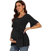 WOOXIO Women's Ruffle Maternity Tops Short Sleeve Wrap Tie Front Shirts Pregnancy Clothes