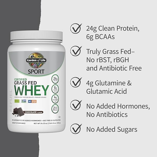 GARDEN OF LIFE SPORT WHEY PROTEIN POWDER CHOCOLATE, PREMIUM GRASS FED WHEY PROTEIN ISOLATE PLUS PROBIOTICS FOR IMMUNE SYSTEM HEALTH, 24G PROTEIN, NON GMO, GLUTEN FREE, COLD PROCESSED – 20 SERVINGS