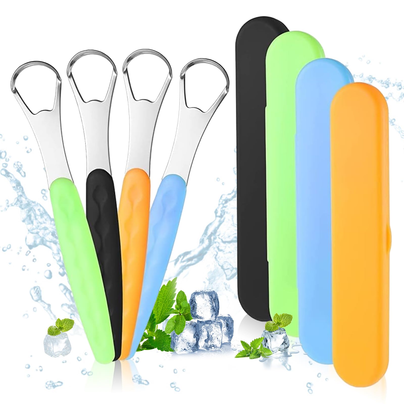 4 Pcs Tongue Scraper,Tongue Scraper with Case Cleaner Stainless Steel Tongue Brush Set for Adults & Kids,Toungescraper with Travel Case Tongue Scrapers for Adults Kids - Oral Hygiene & Fresh Breath