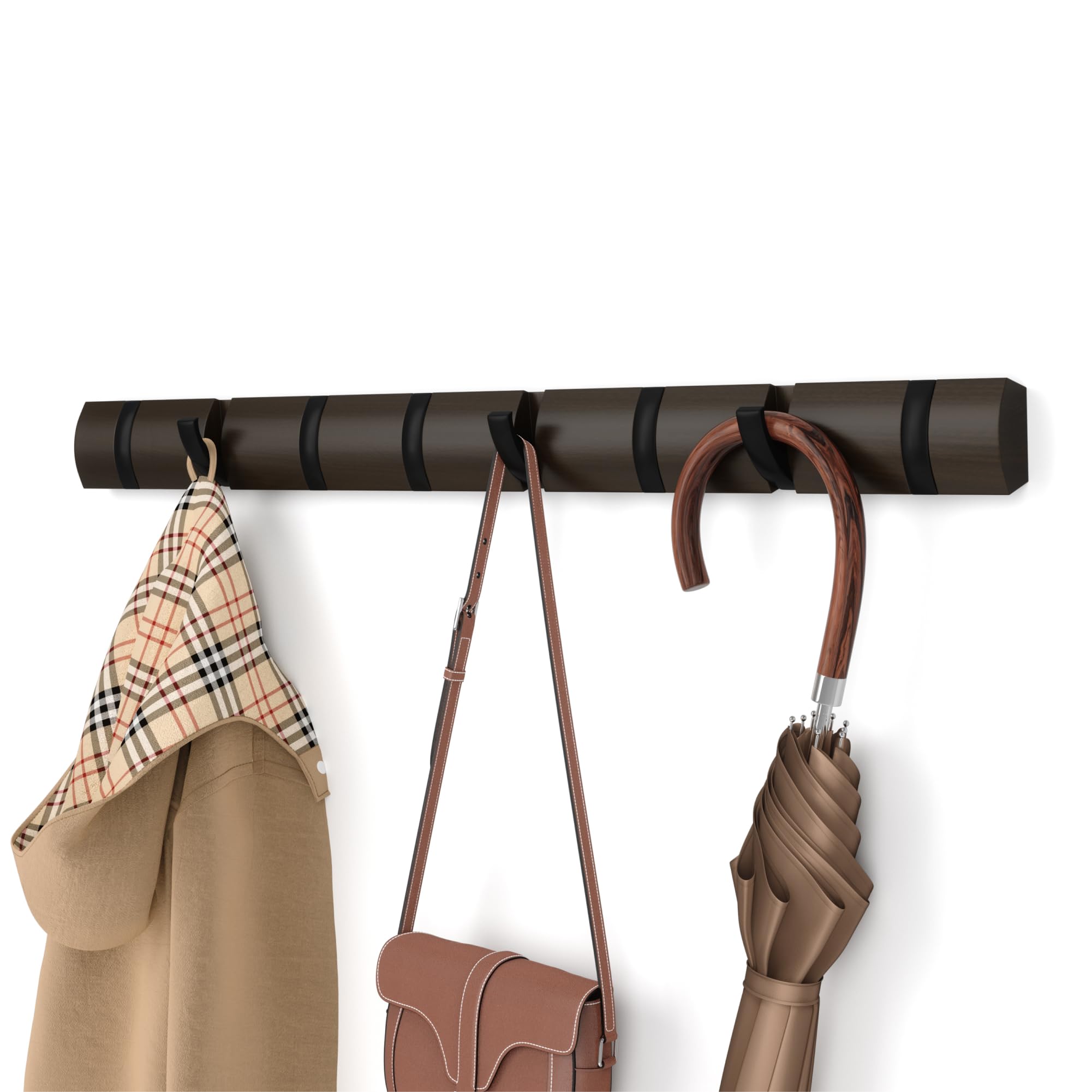 Umbra Flip Wall-Mounted Coat Rack with 8 Hooks – Modern, Space-Saving Storage for Hats, Jackets, Bags, Entryway, Mudroom, Closet, Bathroom, Bedroom – Black/Walnut