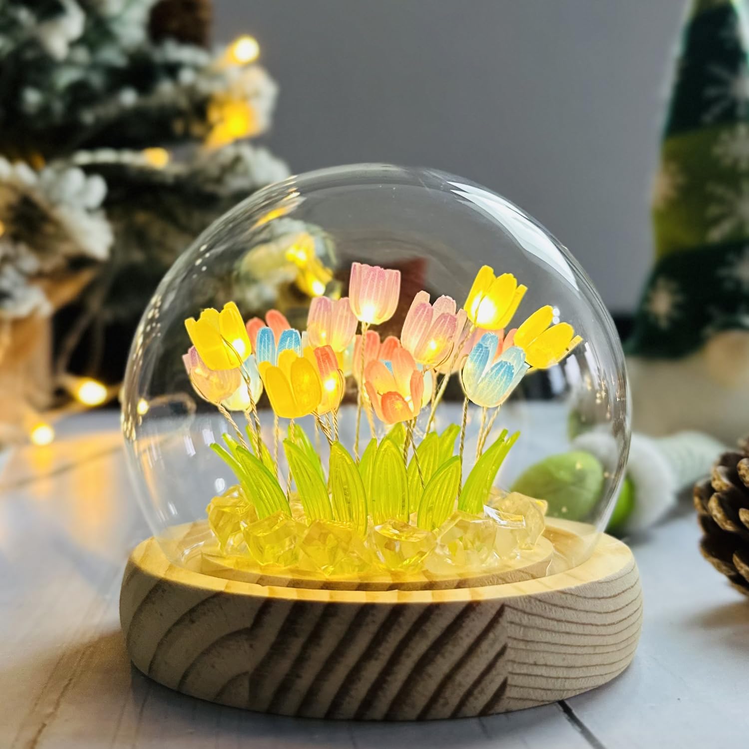 Photo 1 of (20 Flower) Assembled Tulip Lamp Night Light with Glass Dome, Handmade Artificial Flower Table Lamp Bedroom Desk Decoration for Women Girlfriend Sister Besties Birthday Christmas Gift (Multicolor)