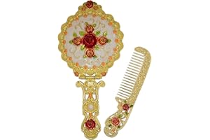 Nerien Vintage Mirror Comb Set Metal Antique Rose Style Handheld Makeup Mirror Travel Round Folding Cosmetic Mirror Women's Vanity Handle Foldable Mirror Decorative Tabletop Mirror Gold-1