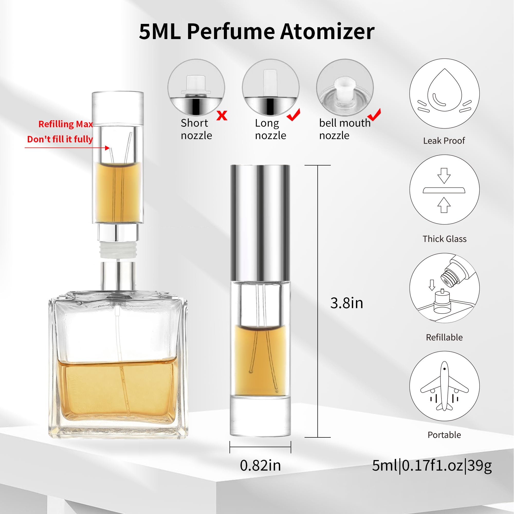 MUB Perfume Travel Refillable Atomizer Bottle 5ml Glass Overmolding Unique Top-Filling Leak-Proof Spray Bottle Atomizer Sprayer for Perfume Cologne Mini Travel Size Empty Pocket Portable