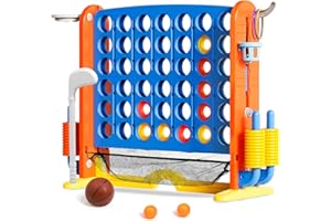 YGJT Giant 4 in a Row Connect Game with Mesh Fabric | Height Adjustable 4-in-1 Jumbo 4-to-Score Yard Game Set with Basketball, Golf & Ring Toss | Outdoor Indoor Family Yard Party Game for Kids & Adults