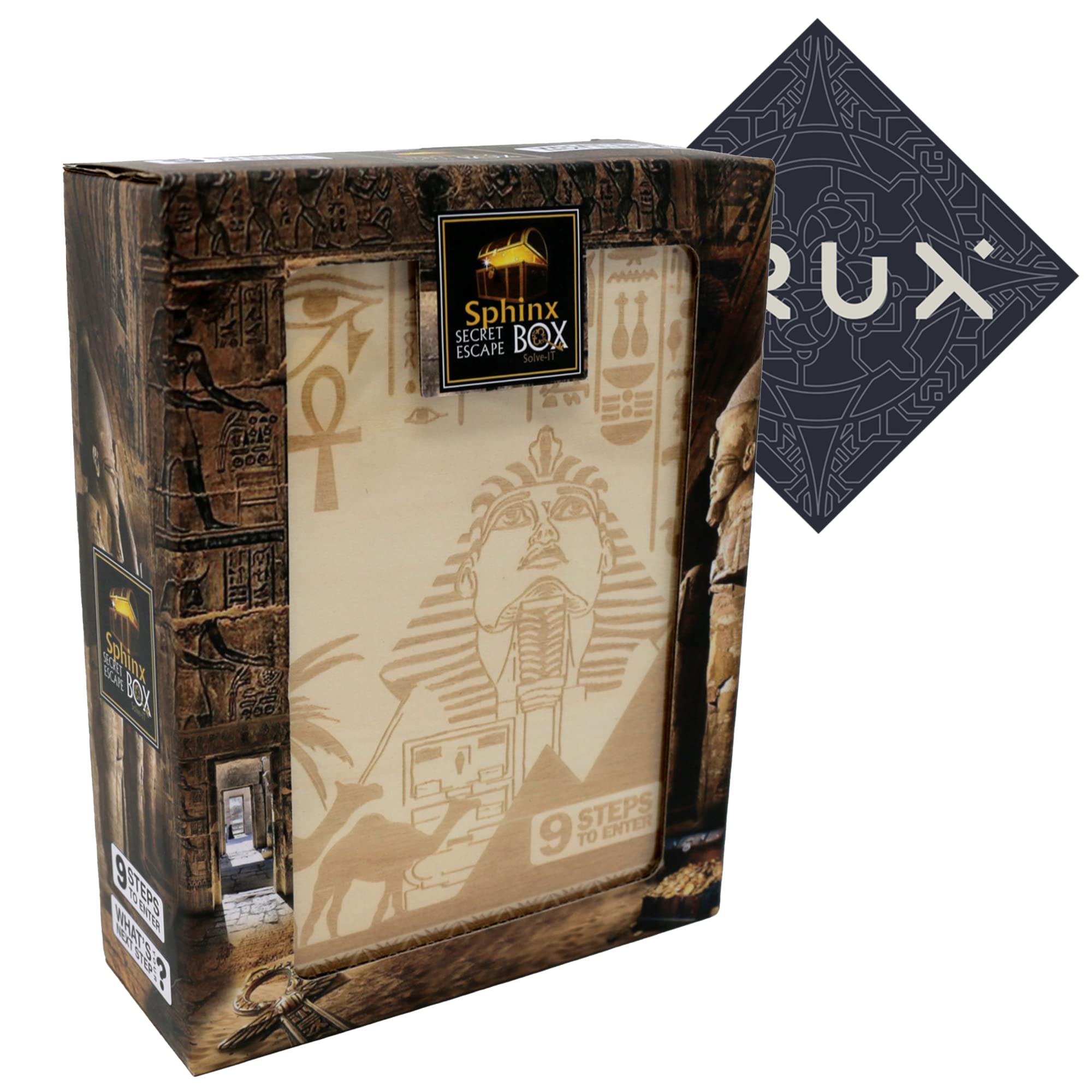 Sphinx Secret Escape Box - Fun Egyptian Themed Wooden Puzzle Box - Mid Difficulty - Includes Crux Sticker