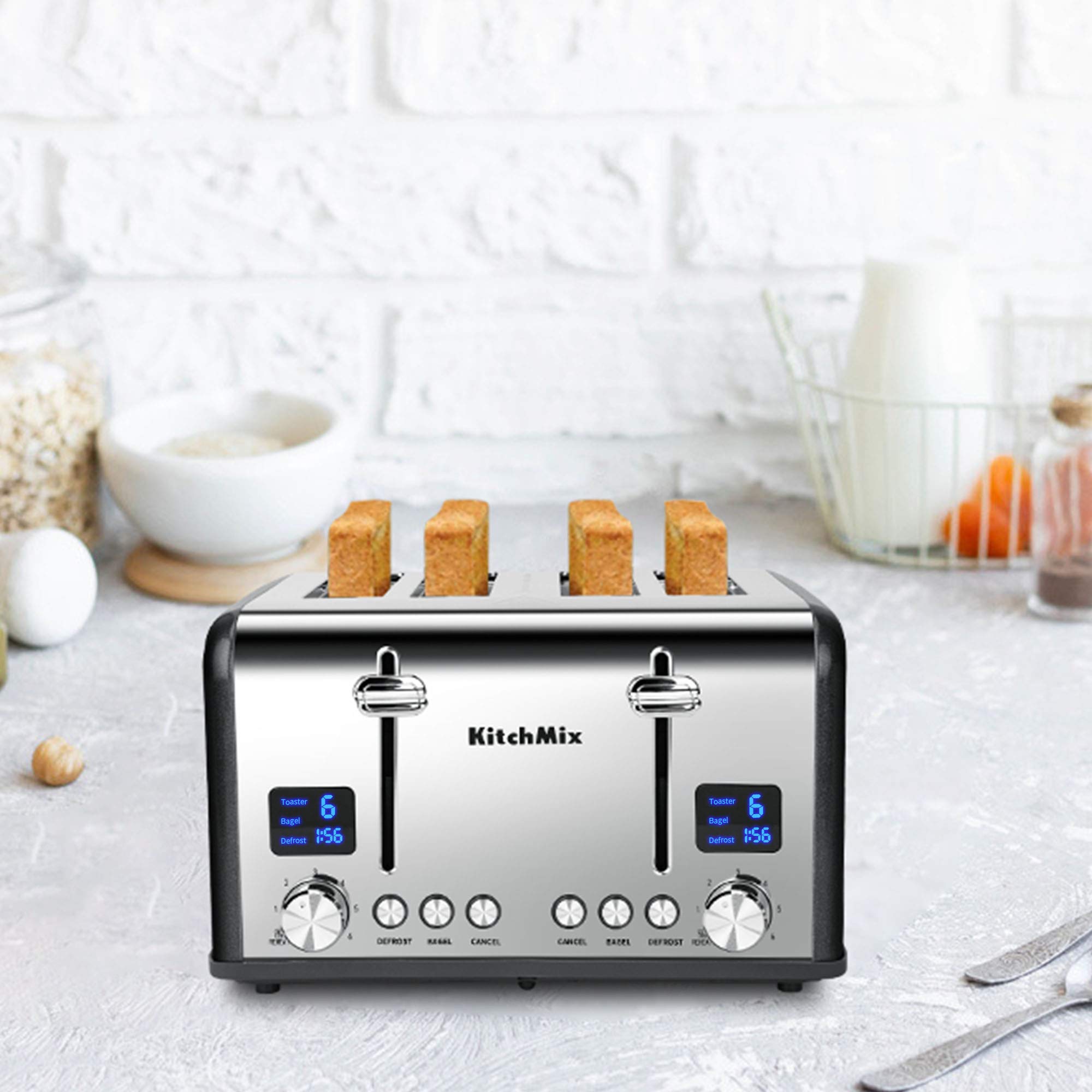KitchMix Tostadora de 4 rebanadas, tostadora de bagel de acero inoxidable con temporizador LCD, ranuras extra anchas, pantalla doble, bandeja para migas extraíble (gris)