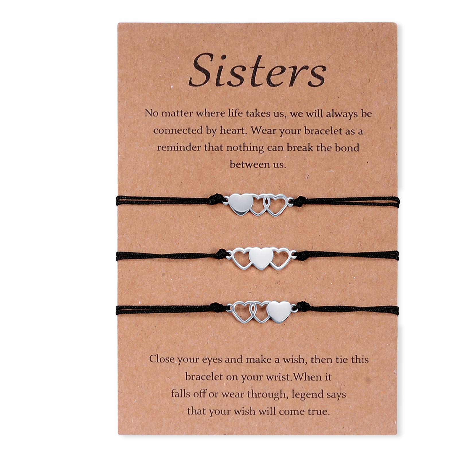 CheersLife 3PCS Sister Bracelets Best Friend Heart Distance Matching Handmade Cord Friendship Bracelet for Women Girls