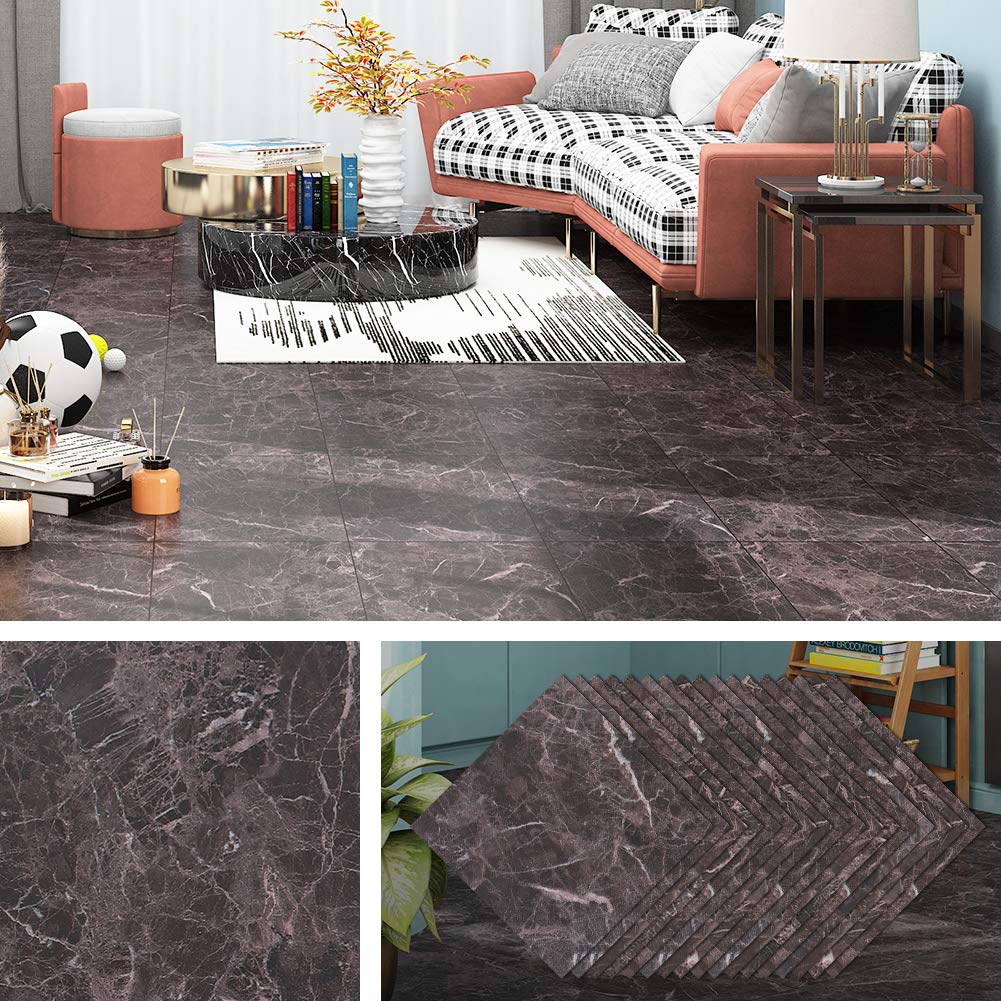 Livelynine Peel and Stick Floor Tile Dark Brown Marble 12X12 16 Pack Waterproof Self Adhesive Floor Tiles Bathroom Vinyl Flooring Peel Stick Tiles for Floor Stickers Kitchen Flooring Farmhouse Room