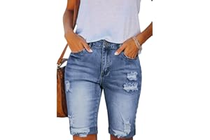 HAPCOPE Women's Bermuda Shorts Mid-High Waisted Denim Shorts Ripped Cuffed Hem Jean Shorts
