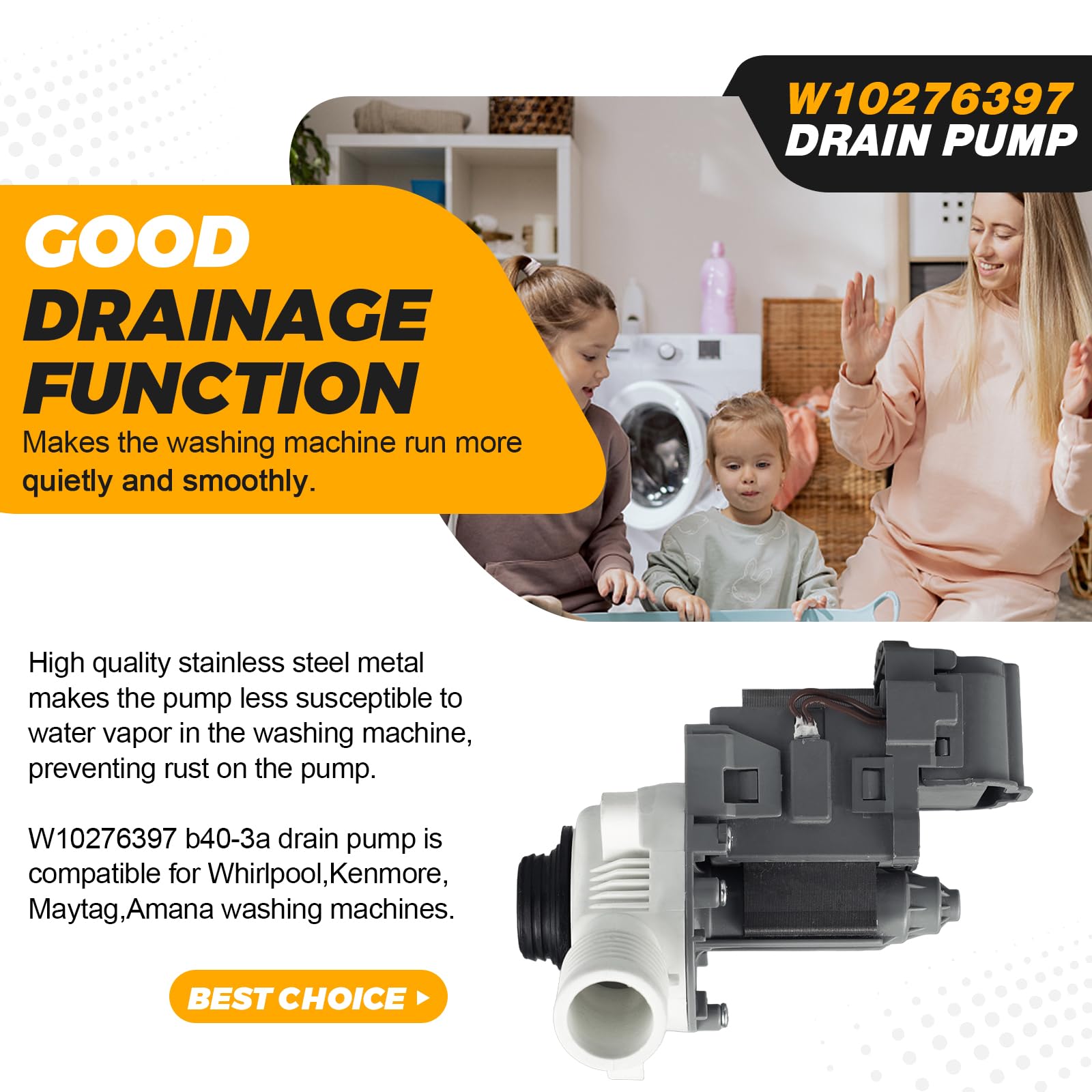 【2025 Updated】W10276397 Washer Drain Pump by Techecook - Fit for Kenmore Whirlpool Maytag Amana Washing Machine - Replaces 1874334 LP397 AP6018417 PS11751719 EAP11751719 WPW10276397VP B40-3A