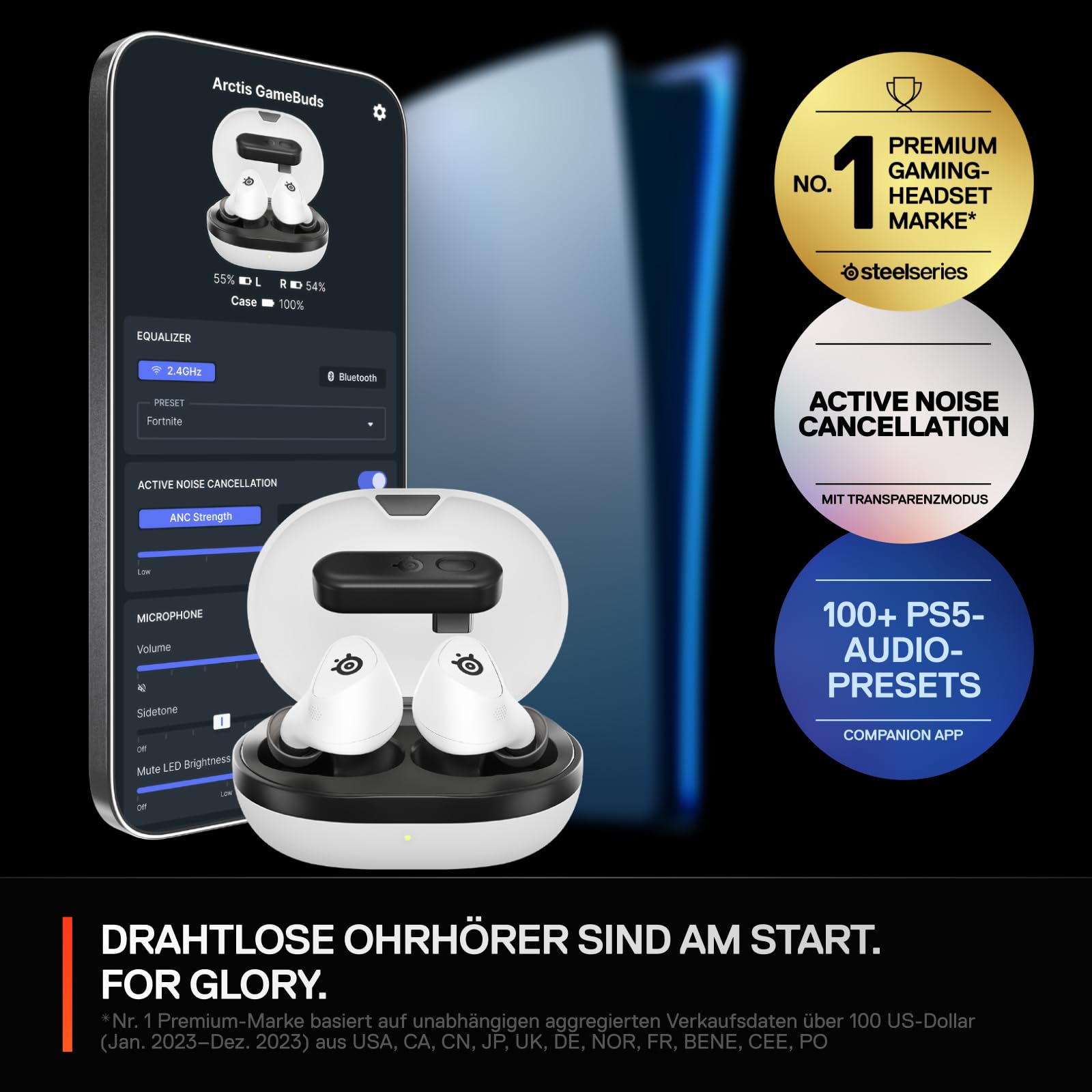 SteelSeries Arctis GameBuds für PS5 - Wireless In Ear Gaming Kopfhörer - 2,4GHz + BT5.3 - ANC/Transparenzmodus - Wasserbeständig IP55 - 40 Std. Akku - Drahtloses Laden - Für PS5, PC, Switch 2, Mobil 3