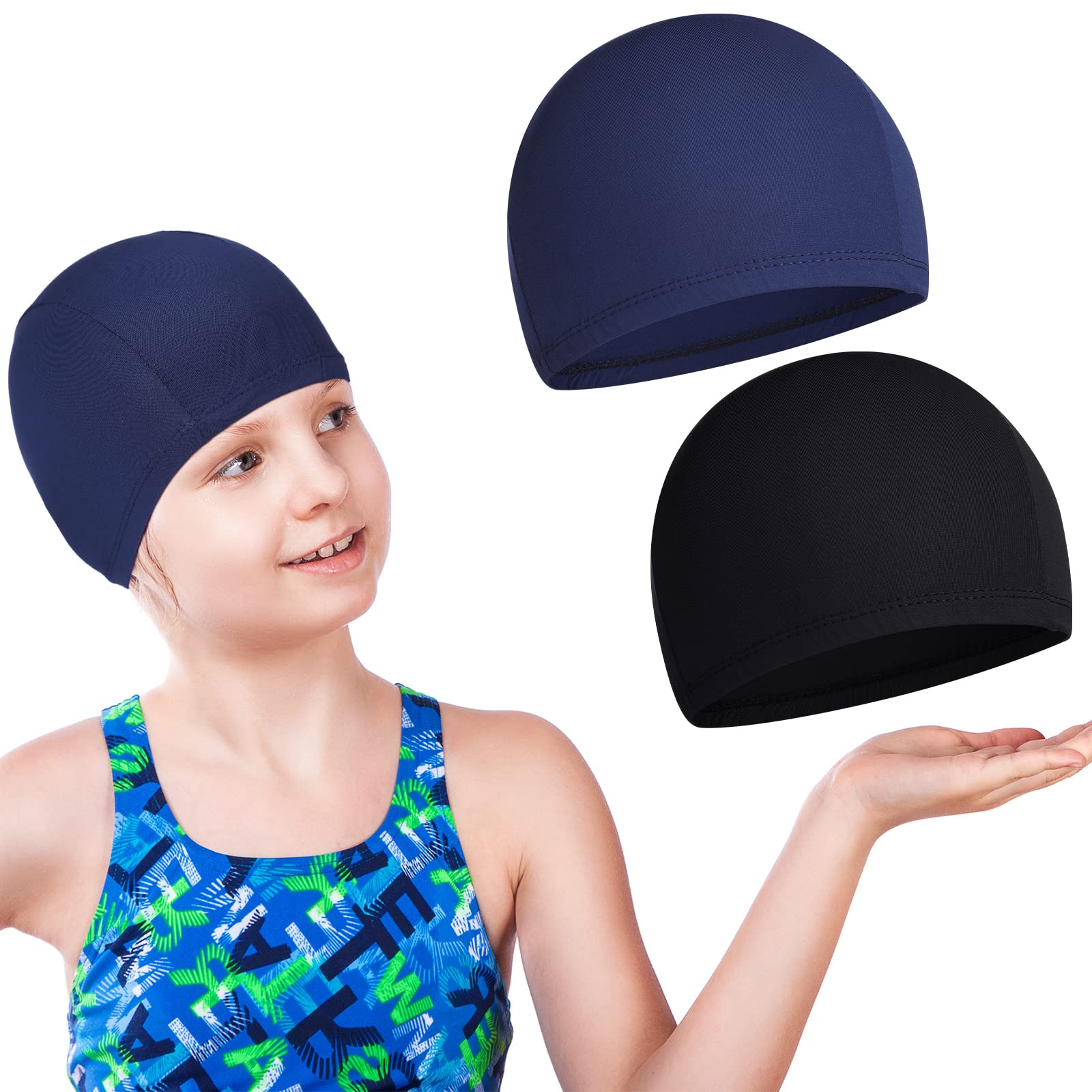 Geyoga 2 Pieces Swim Cap for Kids Waterproof Unisex Swimming Bathing Caps for Long and Short Hair Swimming Hats for Boys and Girls Children(Solid Pattern,Black, Haze Blue)