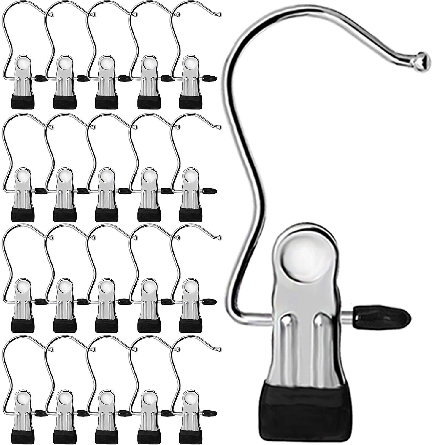FILOWA 20 PCS Laundry Hook Boot Hanging Hold Clips Portable Hanging Clothes Pins Hooks Stainless Steel Home Travel Hangers Multi-functional Heavy Duty Organizer Pants Shoes Towel Clip Black White