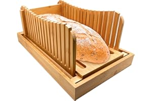 DTREEL Premium Bamboo Bread Slicer, Foldable Compact Cutting Guide with Crumb Tray, Bamboo Bread Slicer for Homemade Bread, Crumb Catcher