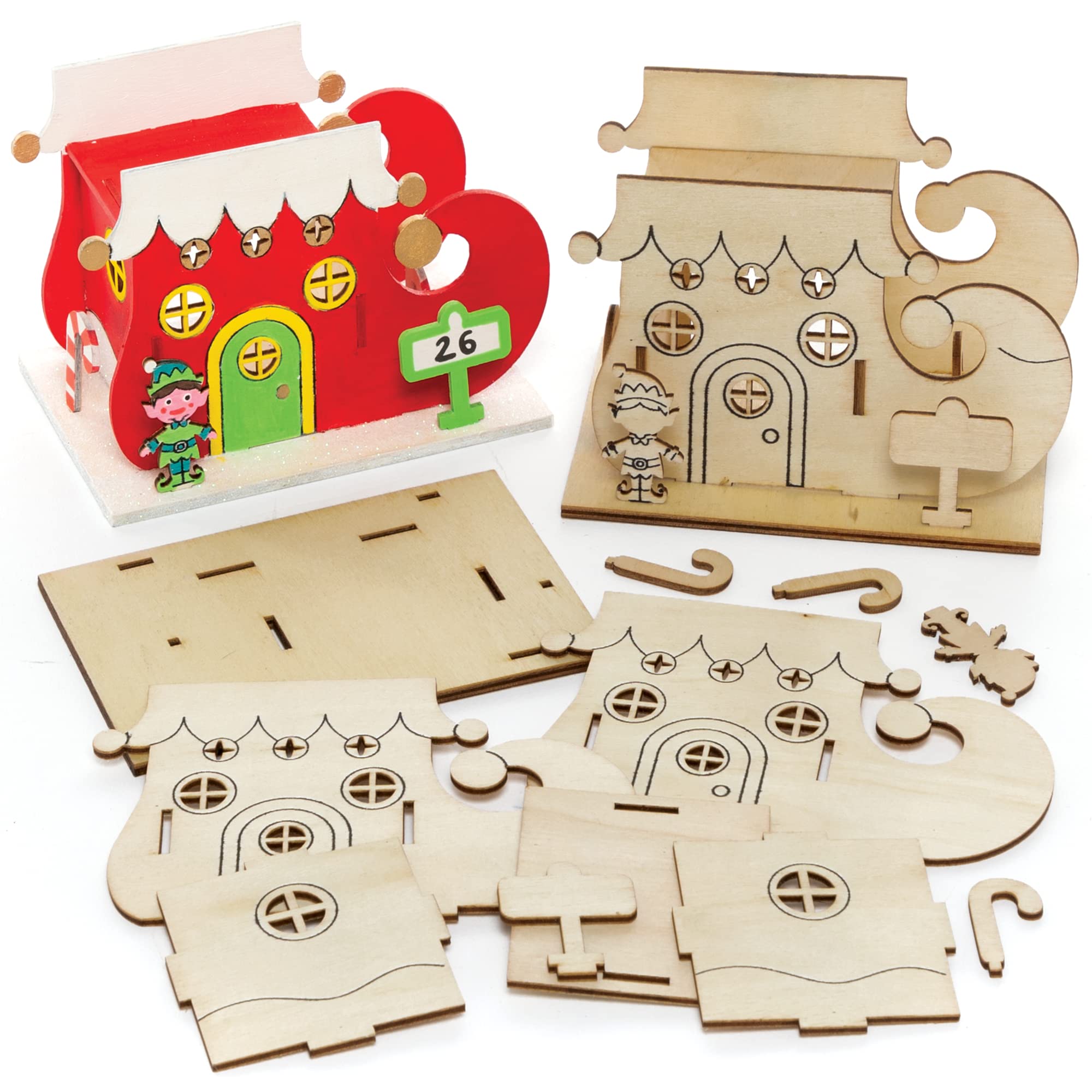 Baker Ross FE967 Elf House Wooden Model Kit - Pack of 3, Tealight Holder to Decorate and Display, Wooden Crafts for Children, Ideal Christmas Arts and Crafts Project