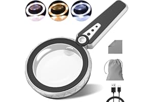 BAIYUAN Magnifying Glass with Light-6X 10X 12 LED Handheld Illuminated Lighted Magnifying Glasses, 3 Cool and Warm Light Modes & Adjustable Brightness, Magnifier for Close Work, Seniors Reading,Powered by USB