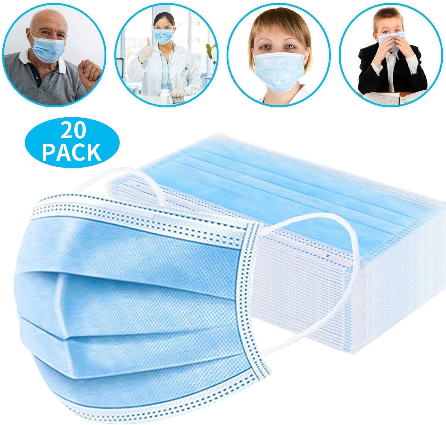 Disposable Face Masks, Earloop Respirator Mask for Personal Health, Anti Pollution Non Woven Safety 3-Layer Mask(20pcs)