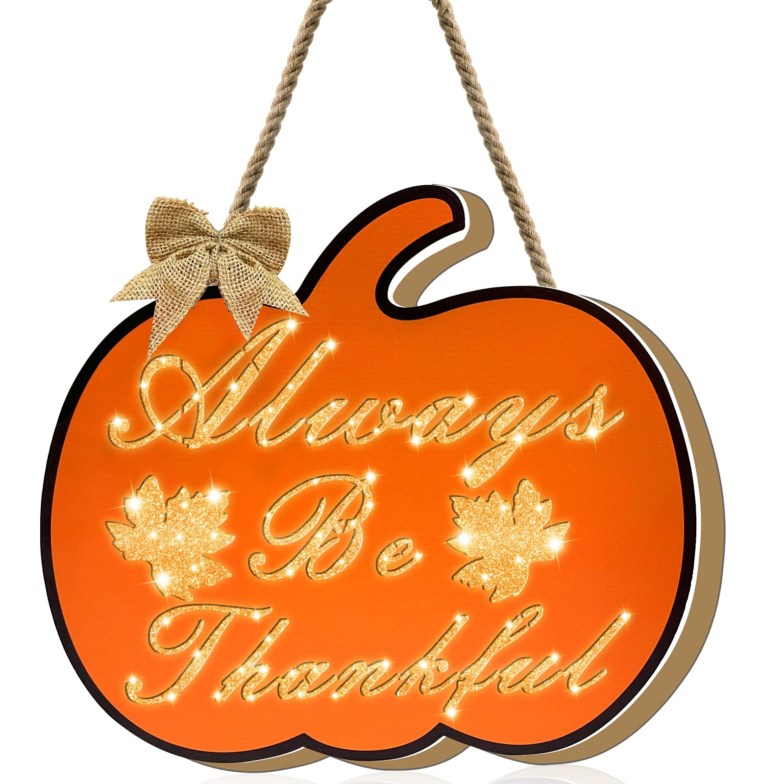 Photo 1 of [ Lighted & Timer ] Thanksgiving Pumpkin Sign Wreath Decorations for Front Door Always Be Thanksful Sign Battery Operated Maple Leaf Wooden Door Sign Autumn Thanksgiving Decor Indoor Outdoor Home Wall