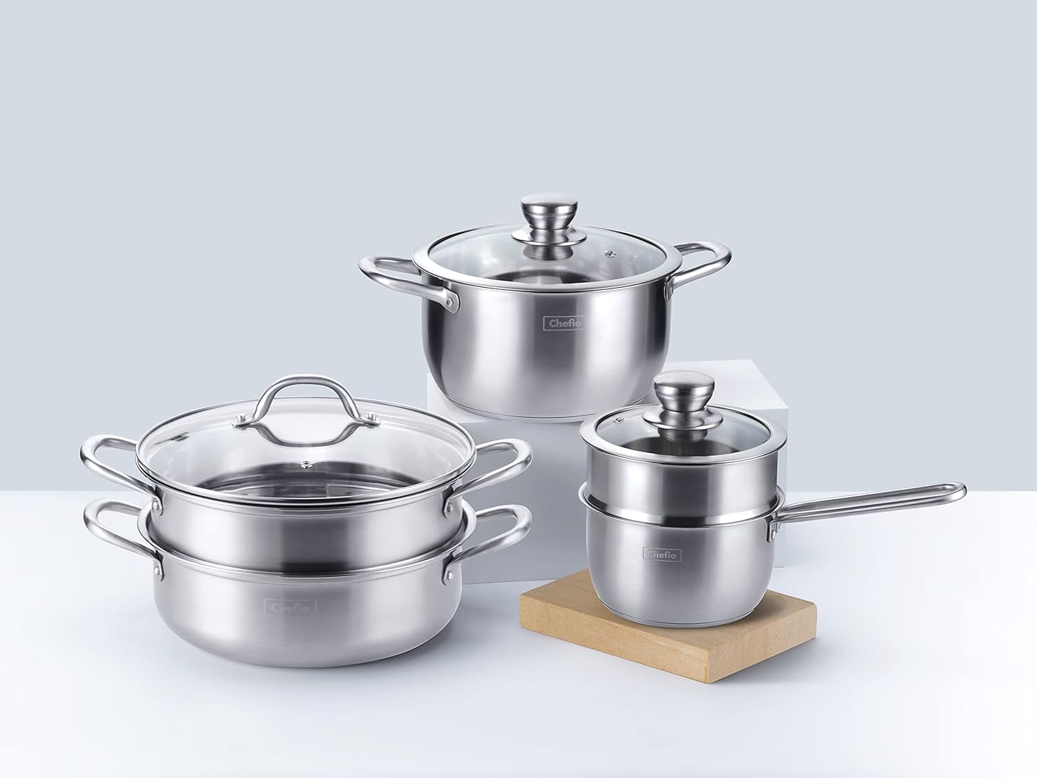 Chefio Stainless Steel 3-Piece 5.8-Quart 2-Tier Pasta/Steamer Set with Tempered Glass Lid and Double Handles - Easy to Clean, Dishwasher Safe (Stainless Steel Color): Kitchen & Dining