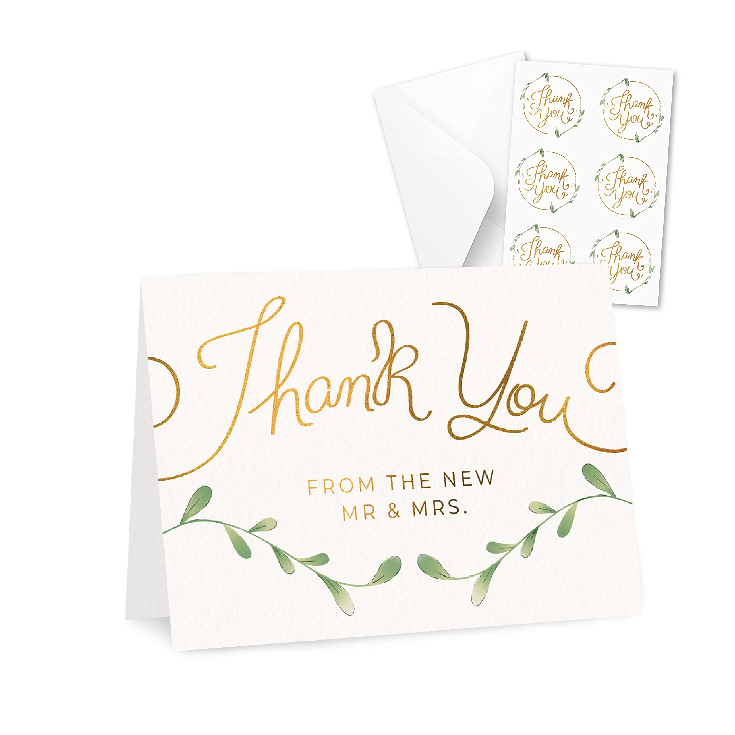 Rileys & Co Thank You Wedding Cards with Envelopes & Stickers, 100 Bulk Pack, Gold Foil, Mr & Mrs Thank You Notes, Newlyweds