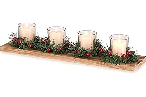 Christmas Candle Holder for Table Centrepiece Decoration: Romadedi Rustic 4 Tealight Holders with Mini Christmas Wreaths Wooden Tray for Xmas Winter Dinner Table Home Decor Gift 16.5 Inches