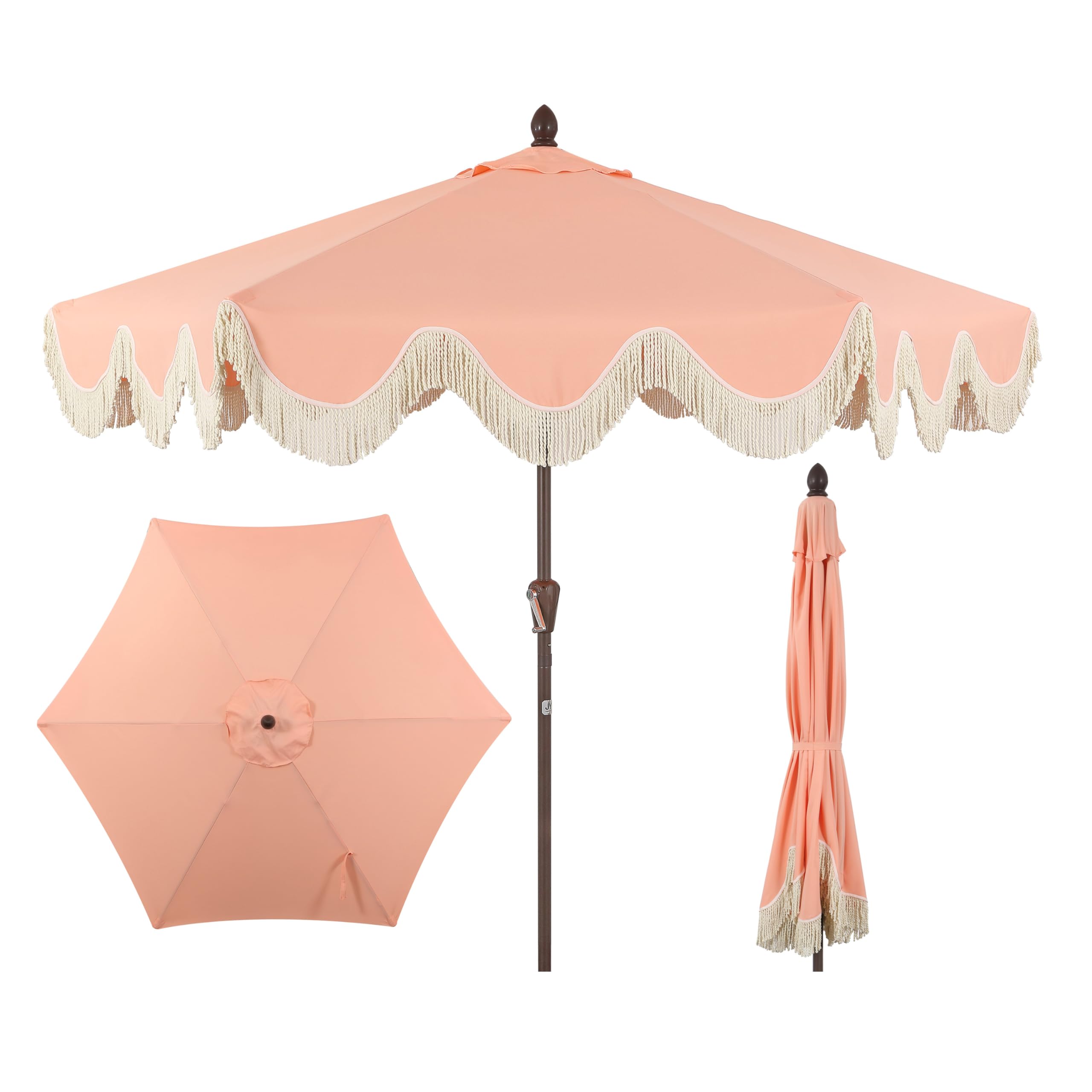Photo 1 of JONATHAN Y UMB1001F Collins 9 ft. Classic Cottage Tassel Market Patio Umbrella with Auto-Tilt, Crank, Wind Vent and UV Protection in Coral Pink/Cream