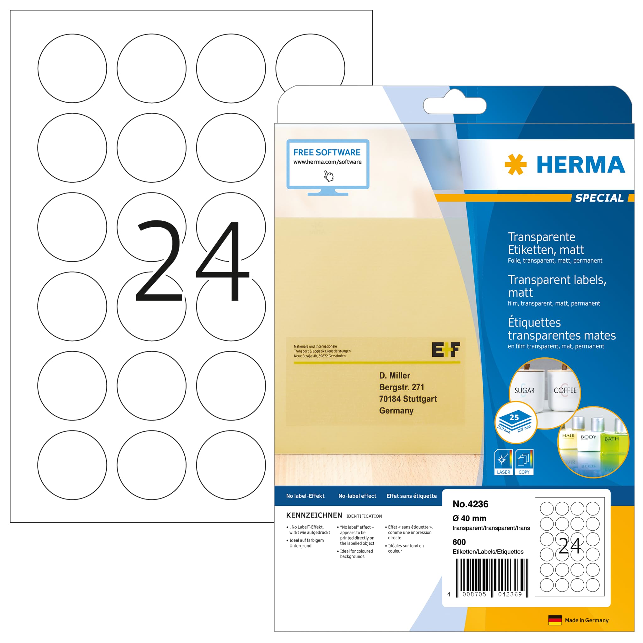 HERMA Self Adhesive Clear Seal Labels, 24 Labels per A4 Sheet, 25 Sheets, Ø 40 mm, 600 Labels, Blank Round Sealing Labels Stickers, Sticky Dots for Laser Printer, Transparent