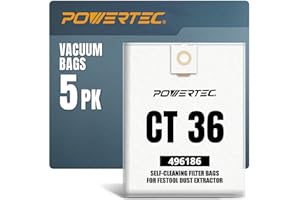 POWERTEC 75038 Self-Cleaning Filter Bag for Festool CT 36 496186(5-Pack), Fit Festool CT 36